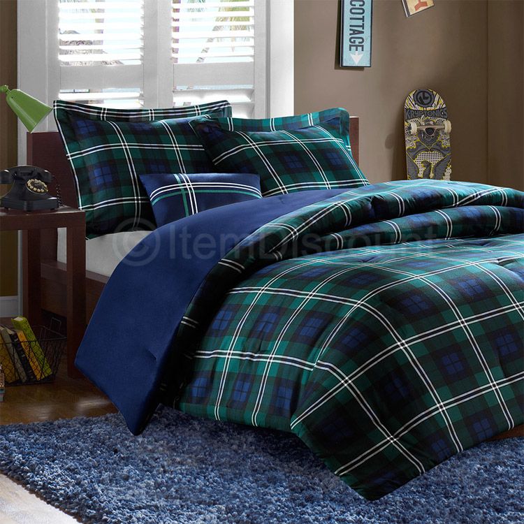 Queen Full 4 Pc Blue Plaid Comforter Set Reversible Hypoallergenic Boys