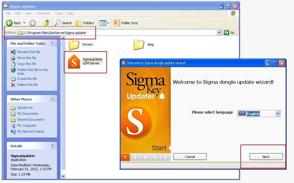 You need download the last latest software and then go to C:Program FilesGsmServerSigma updater for WIn XP run the .exe and that it .