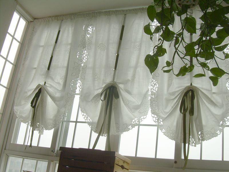 1 PC White Balloon Austrian Sheer Voile Pull Up Curtain with Embroidery