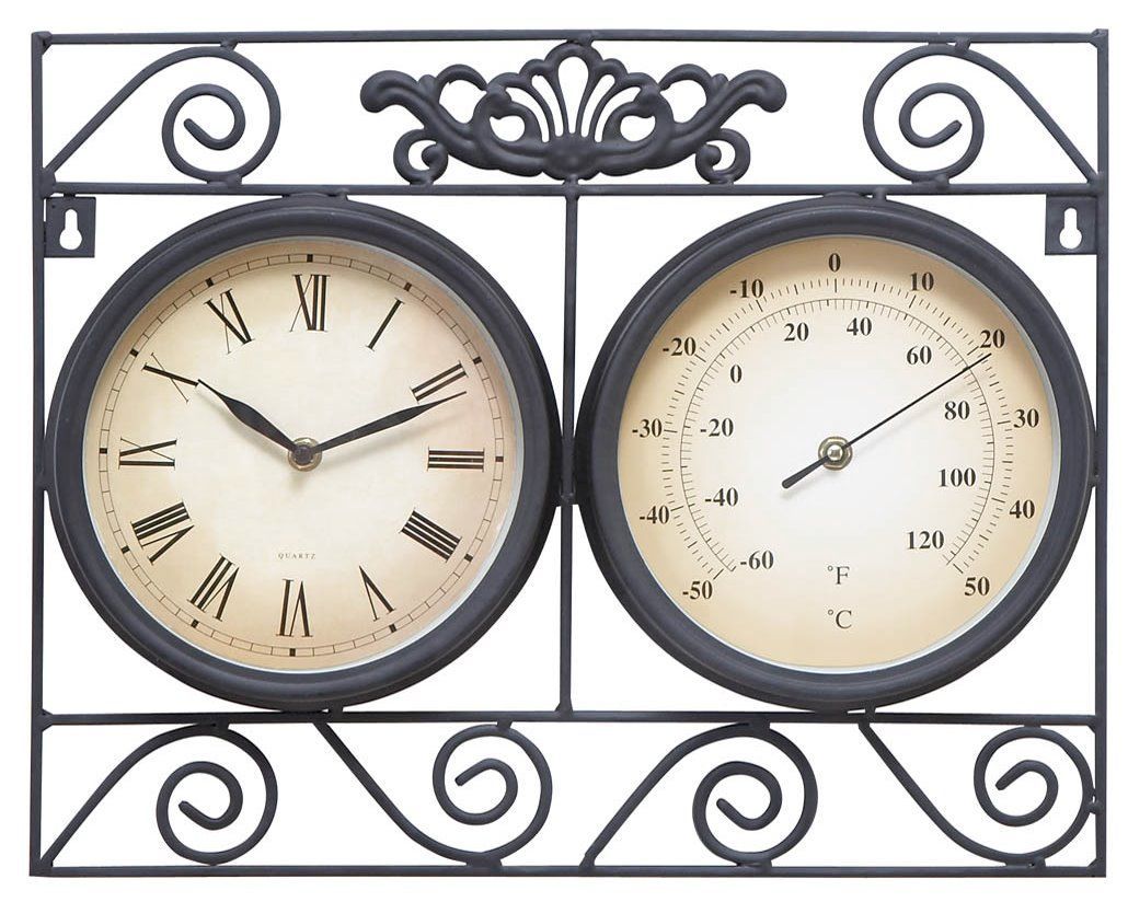 Oversized Rectangular Outdoor Black Metal Clock, Large Thermometer Wall