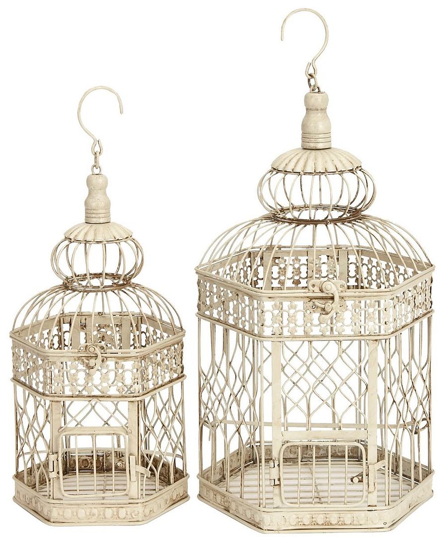 Set of 2 Hexagonal Metal Decorative Bird Cages, Distressed White Home