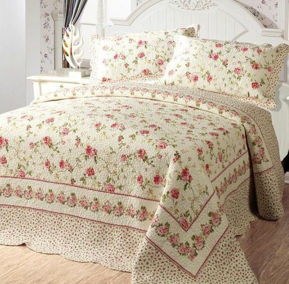 3 PCS Set Queen Size Shabby Rose Bedspread Quilt European Country Style