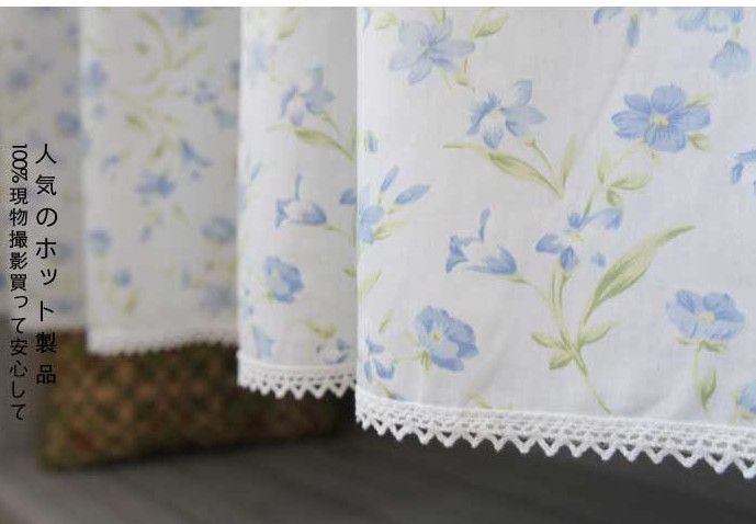 Elegant Blue Flower Cotton Cafe Curtain with Lace Rod Pocket Top Country Style