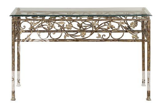 Scroll and Leaf Metal Console Table with Glass Top, Distressed Copper 